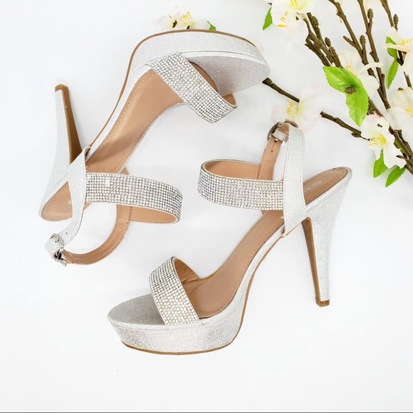 Shoes - Silver with Rhinestones Open Toe Heels